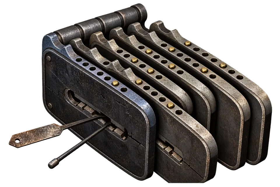 Illustration of a forged lock with six plates and brass pins