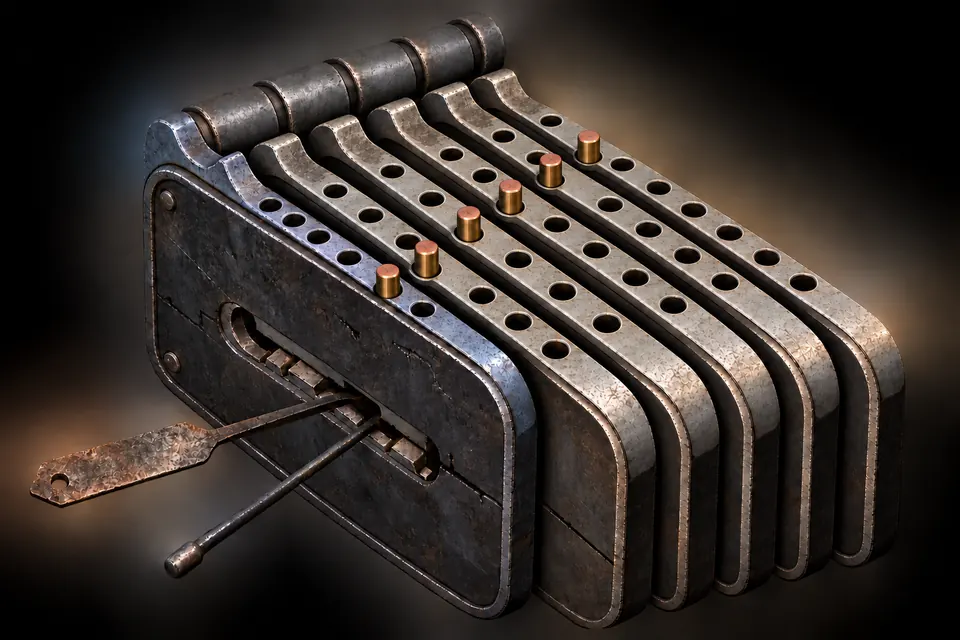 The same lock, opened: all plates aligned and the pins raised