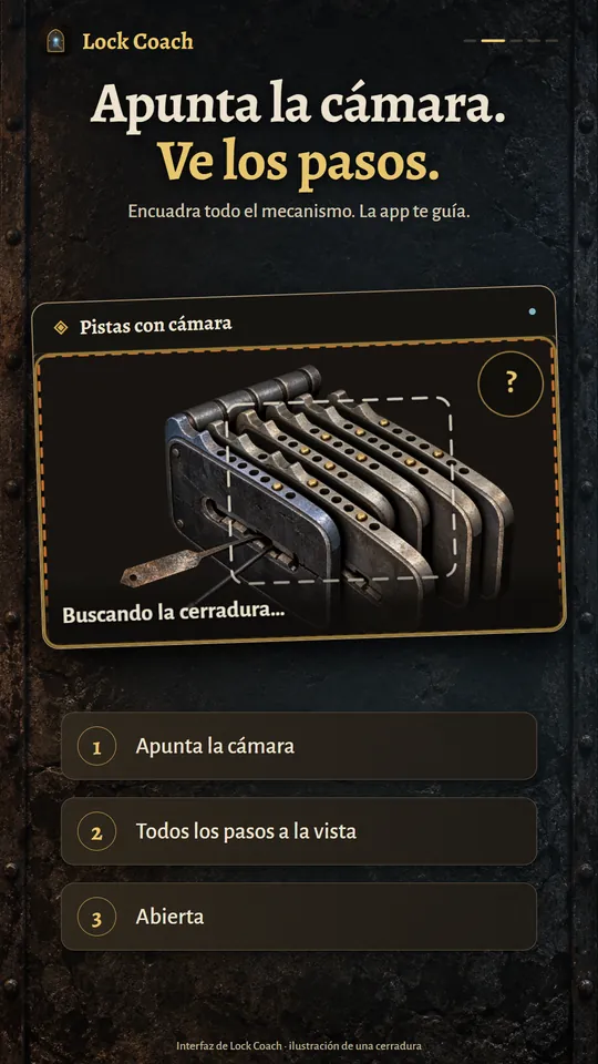 Apunta la cámara. Ve los pasos. Encuadra todo el mecanismo. La app te guía.