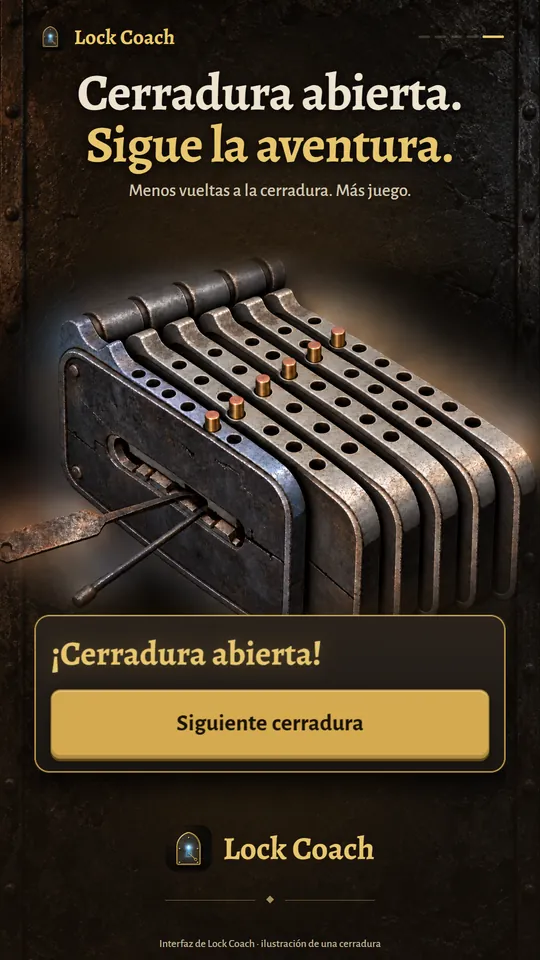 Cerradura abierta. Sigue la aventura. Menos vueltas a la cerradura. Más juego.