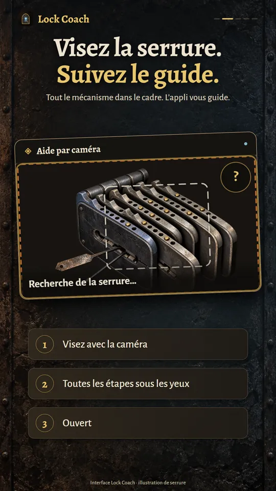 Visez la serrure. Suivez le guide. Tout le mécanisme dans le cadre. L’appli vous guide.