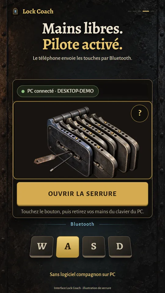 Mains libres. Pilote activé. Le téléphone envoie les touches par Bluetooth.