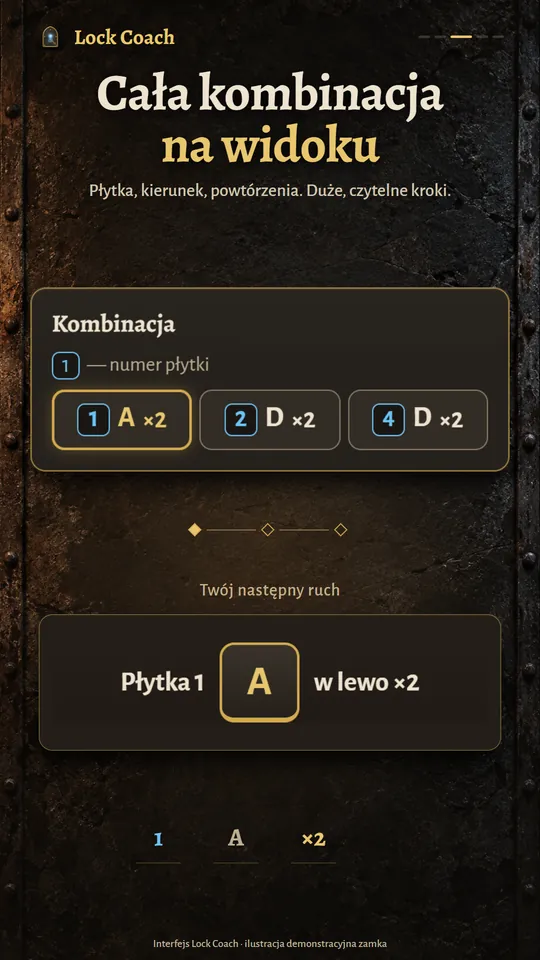 Cała kombinacja na widoku. Płytka, kierunek, powtórzenia. Duże, czytelne kroki.