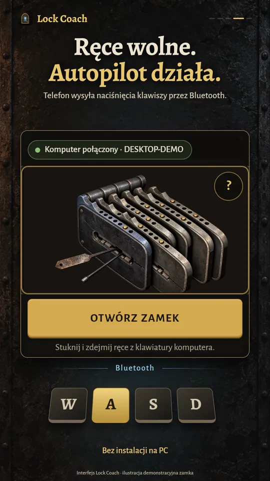 Ręce wolne. Autopilot działa. Telefon wysyła naciśnięcia klawiszy przez Bluetooth.