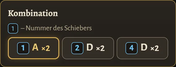 Die Kombination in Lock Coach: Schieber 1 zweimal links, Schieber 2 zweimal rechts, Schieber 4 zweimal rechts