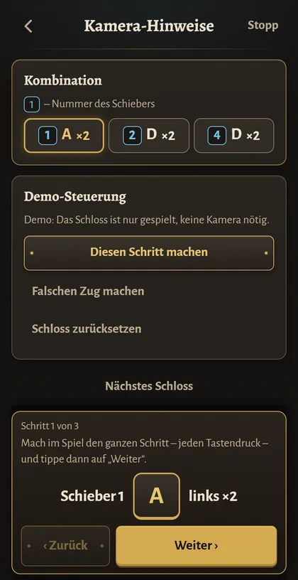 Demo in Lock Coach: die Kombination mit dem aktuellen Schritt, Schieber 1 zweimal links