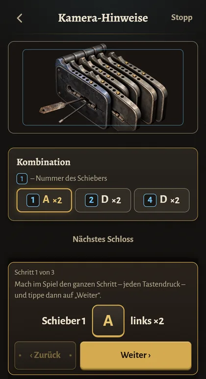 Lock Coach auf dem Handy: Die Kamera sieht das Schloss, darunter steht die Kombination