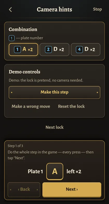 Lock Coach demo: the combination with the current step, plate 1 left twice