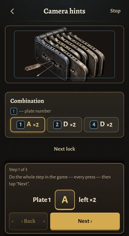 Lock Coach on a phone: the camera sees the lock and the combination is shown below it