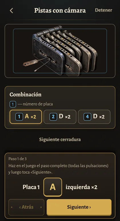 Lock Coach en un teléfono: la cámara ve la cerradura y debajo aparece la combinación