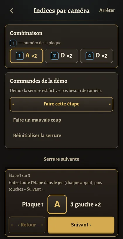 Démo de Lock Coach : la combinaison avec l’étape en cours, plaque 1 deux fois à gauche