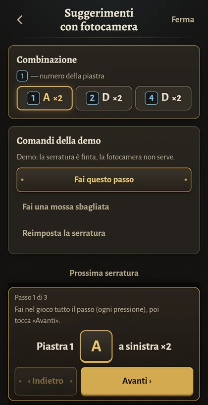 Demo di Lock Coach: la combinazione con il passo attuale, piastra 1 a sinistra due volte