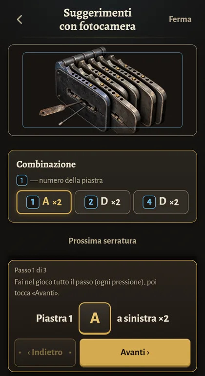 Lock Coach su un telefono: la fotocamera inquadra la serratura e sotto compare la combinazione