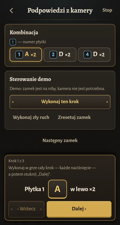 Demo Lock Coach: kombinacja z bieżącym krokiem – płytka 1, dwa razy w lewo