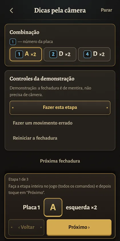 Demonstração do Lock Coach: a combinação com a etapa atual, placa 1 para a esquerda duas vezes