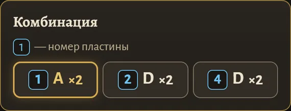 Комбинация в Lock Coach: пластина 1 — влево два раза, пластина 2 — вправо два раза, пластина 4 — вправо два раза